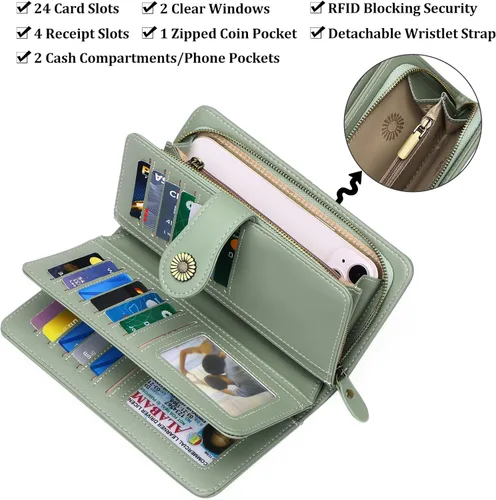 Vista 3 de FALAN MULE Cartera de cuero para mujer, de gran capacidad, bifold, con bloqueo RFID, tarjetero con bolsillo para monedas con cremallera