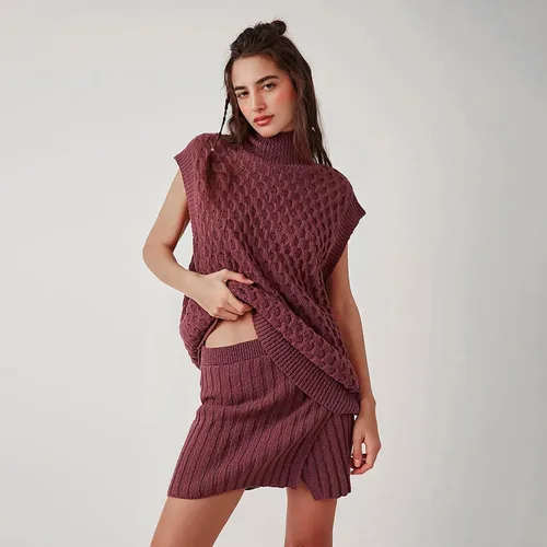 Vista 2 de Muineobuka Conjunto de 2 piezas para mujer, sin mangas, cuello alto, suéter de punto, chaleco sin mangas y minifalda ajustada acanalada dividida