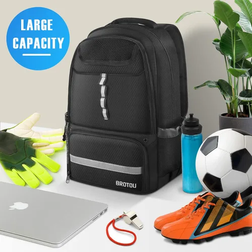 Vista 2 de BROTOU Mochila de fútbol Bolsa deportiva con soporte para pelotas y compartimento para zapatos para fútbol, baloncesto, voleibol, rugby