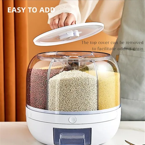 Vista 4 de DYRABREST Dispensador de arroz, dispensador de cereales giratorio de 360°, dispensador de almacenamiento de granos multigrano redondo de 6 rejillas
