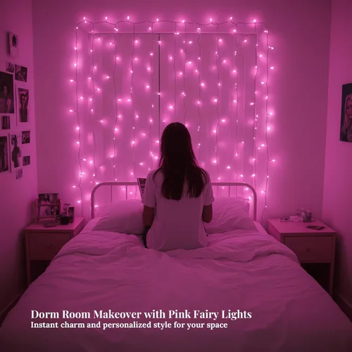 Vista 3 de Etinga - Guirnalda de 100 luces LED rosa, 33 pies con enchufe, luces de hadas decorativas con 8 modos para interiores y exteriores, dormitorio