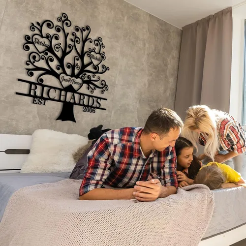 Vista 6 de Letrero de metal personalizado del árbol de la vida, letrero de metal con nombres de niños, regalo personalizado de apellido, recuerdo familiar