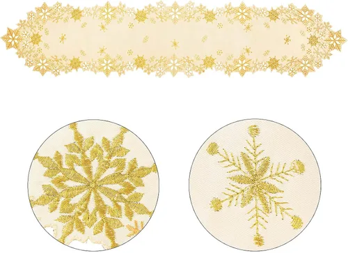 Vista 4 de Caminos de mesa bordados con copos de nieve para Navidad e invierno (dorado, 14 x 90 pulgadas)