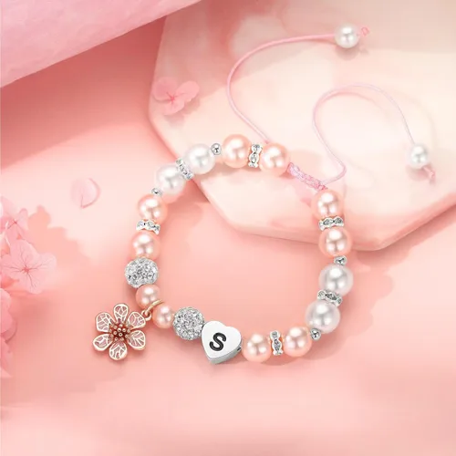 Vista 8 de MONOOC Pulseras con iniciales de cuentas, regalos para niñas, pulsera ajustable de perlas rosas y bolas de diamantes de imitación, pulseras con dije