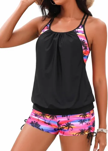 Vista 32 de Holipick Trajes de baño tankini de dos piezas con control abdominal, top de baño tipo blusa con shorts estilo boy shorts Verde Aqua