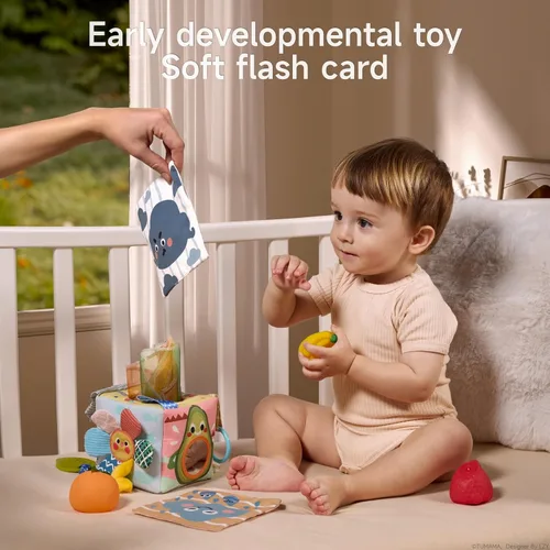 Vista 5 de TUMAMA - Caja de pañuelos para bebé, juguetes Montessori para bebés de 6 a 12 meses, juguetes sensoriales suaves y arrugados para bebés de 0 a 12
