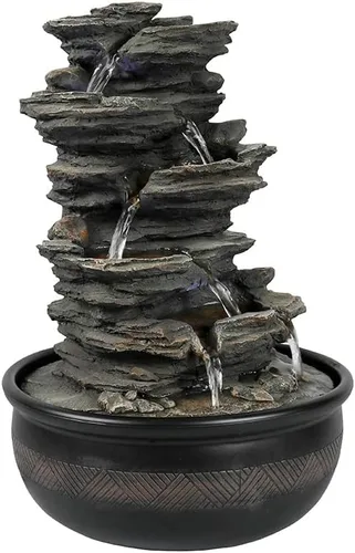 Vista 5 de Fuente de agua de mesa xpiyaer de 39.9 cm de alto con cascada de roca y luces LED - Fuente de cascada de relajación de interior de 5 niveles