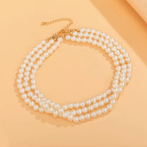 Vista 4 de Jumwrit Gargantilla de perlas, collar de perlas en capas, accesorios de disfraz, collar con cierre de palanca para mujeres y niñas, Metal