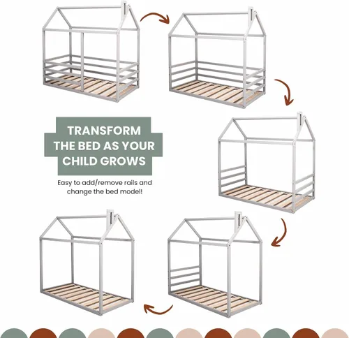 Vista 3 de Marco de cama Montessori para niños, cama de casa para niños pequeños con rieles, cama con dosel para niños, cama de día para niños, cama de cabaña