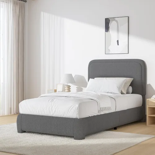 Vista 35 de BarnFurin Base de cama individual con cabecero, cama de plataforma tapizada Cloud Boucle, esquinas redondeadas suaves, no necesita somier, Beige