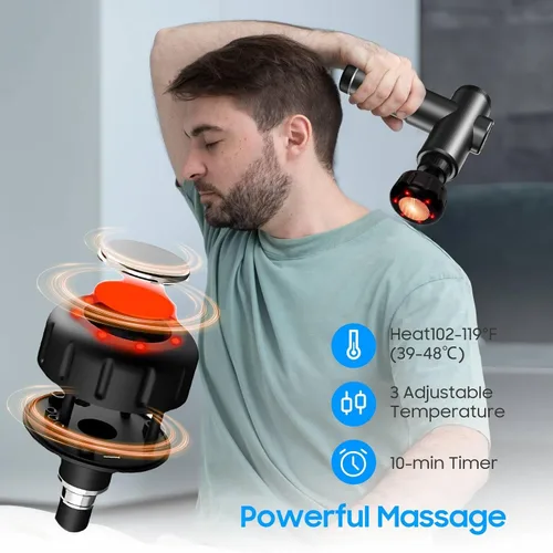 Vista 2 de Pistola de masaje – Masajeador muscular de tejido profundo para alivio del dolor y recuperación, pistola de masaje con calor, 9 cabezales de masaje