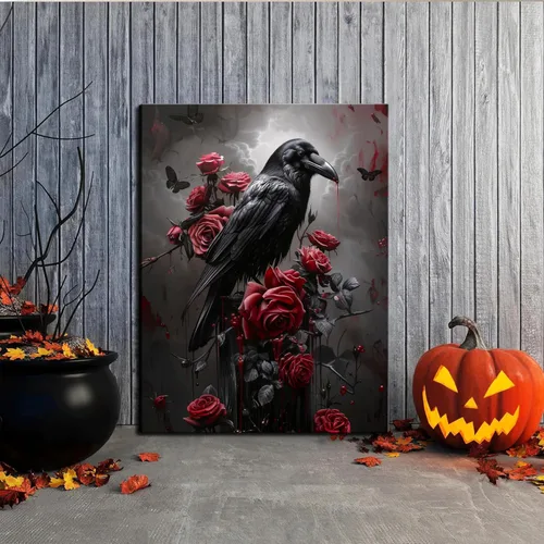 Vista 7 de Juego de 3 lienzos góticos para pared, diseño de rosas románticas de Halloween, decoración de pared, pósteres de calavera de cuervo gótico oscuro