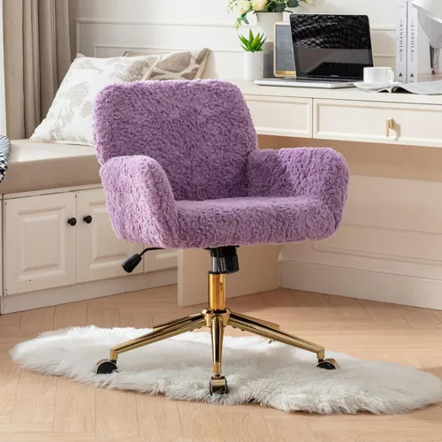Vista 10 de HomVent Bonita silla de oficina peluda, moderna silla de piel sintética negra con ruedas y base dorada, silla giratoria ergonómica ajustable