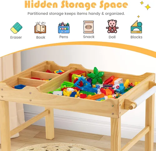Vista 5 de HONEY JOY Mesa para niños, mesa de actividades de madera 2 en 1 con rollo de papel, mesa de bloques de construcción convertible, 3 compartimentos