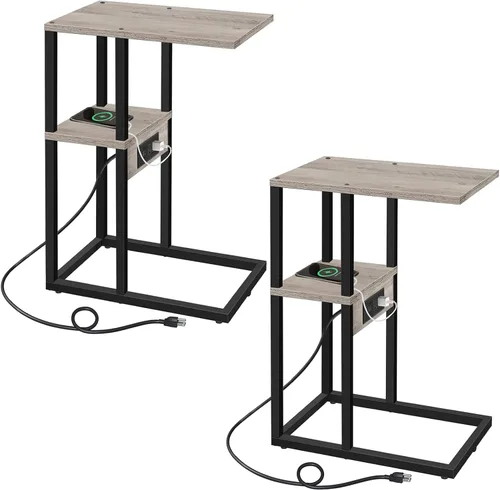 Vista 11 de TUTOTAK - Mesa auxiliar en forma de C con estación de carga, mesa lateral, mesa de sofá para espacios pequeños, bandeja de TV con 2 puertos USB