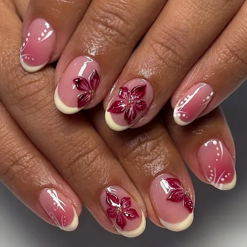 Vista 9 de Uñas postizas de almendra medianas MABKJLF con punta francesa, uñas falsas 3D con diseños de pedrería de flores de fresa, uñas pegajosas brillantes 1