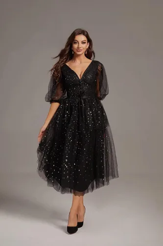 Vista 2 de Smileven Vestidos de fiesta de tul estrellado brillante para mujer manga abombada abertura formal vestidos de fiesta de noche