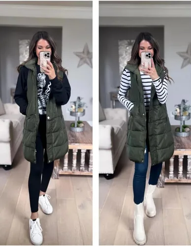 Vista 7 de Fiona Jolin Chaleco largo acolchado con capucha para mujer, abrigos de invierno acolchados sin mangas, chaquetas hinchadas