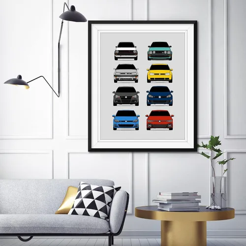 Vista 3 de Custom Car Posters Póster hecho a mano compatible con Volkswagen Golf GTI Generations e impresión de VW GTI (modelos de coche: MK1 a MK8)