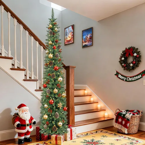 Vista 8 de QBA Árbol de Navidad preiluminado de 7 pies, árbol de Navidad artificial Verde Blanco Cálido