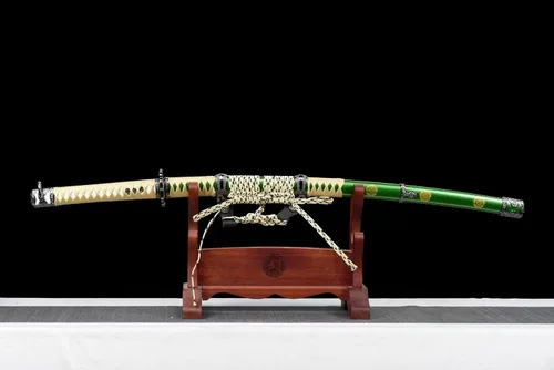 Vista 2 de Espada japonesa Oda Nobunaga Tachi de acero de Damasco con patrón de piedra de hoja samurái, espada completa de oro verde muy afilado, arma genial