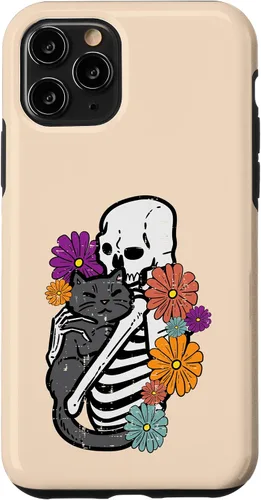 Vista 10 de iPhone 15 esqueleto abrazando flores de gato negro Halloween mujeres niñas caso