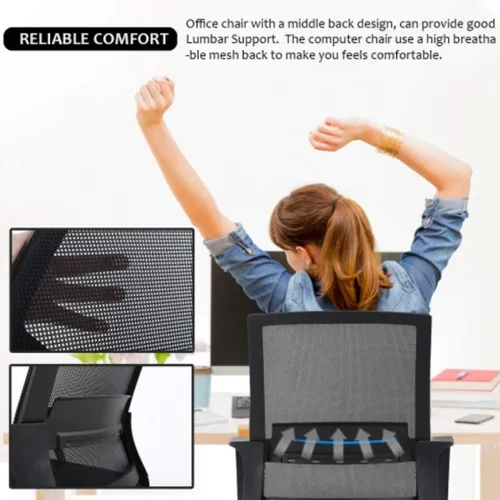 Vista 5 de Silla de oficina ergonómica, silla de computadora de malla con soporte lumbar y reposabrazos, silla de trabajo ajustable con respaldo medio, moderna
