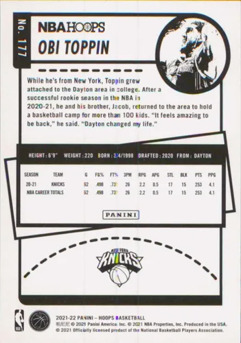 Vista 2 de 2021-22 Panini Hoops #177 Obi Toppin New York Knicks Basketball Card