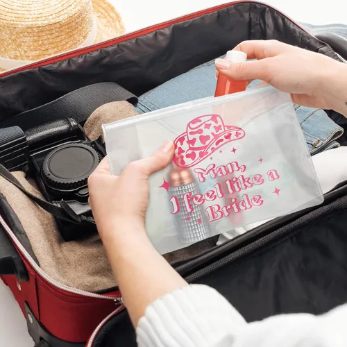 Vista 7 de Layhit 8 bolsas de maquillaje de despedida de soltera de color rosa con texto en inglés "Let's Go", suministros de decoración para niñas, retro