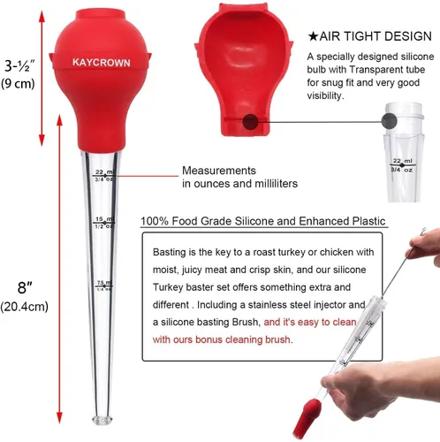Vista 7 de KAYCROWN Turkey Baster - Bombilla de silicona de calidad comercial que incluye 2 agujas inyectoras de adobo de carne con cepillo de barbacoa y Rojo