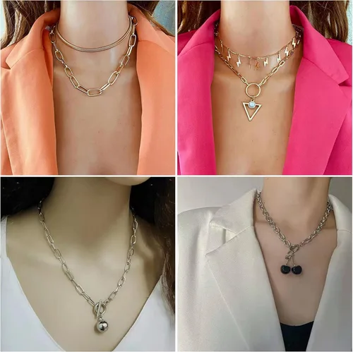 Vista 3 de Juego de 8 collares de cadena en tono plateado y dorado para mujeres, adolescentes y niñas y niños, collar colgante en capas con diseño multicolor