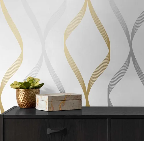 Vista 7 de NextWall Ogee Ribbon - Papel tapiz autoadhesivo (plateado y dorado)