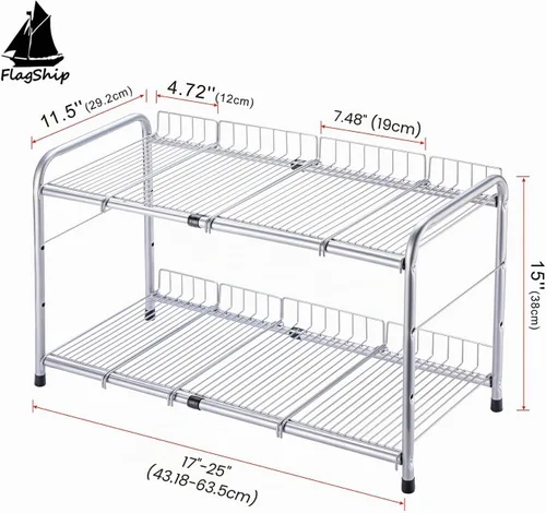 Vista 2 de FlagShip Organizador de 2 niveles para debajo del fregadero y estante de almacenamiento expandible para cocina y baño, color plateado