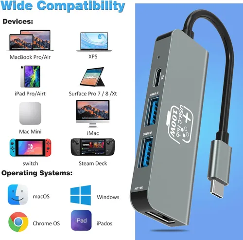 Vista 7 de Concentrador USB C, adaptador USB C a HDMI para Nintendo Switch/Switch OLED/MacBook/iPad/iPhone/teléfono Android/portátil, adaptador de TV