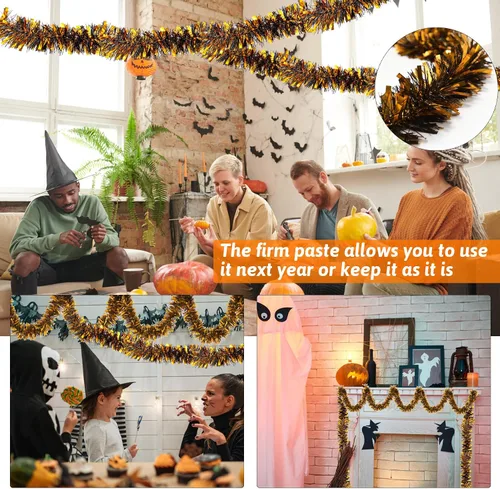 Vista 4 de Bimkole 5 guirnaldas de oropel de Halloween, 5 unidades, 33 pies, color negro y naranja brillante, guirnalda metálica para colgar en fiestas
