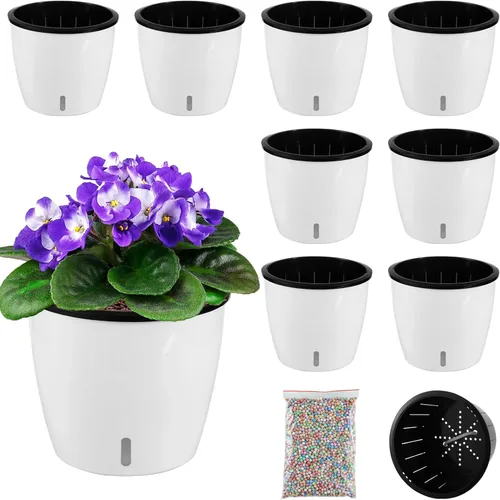 Vista 12 de Planterhoma Macetas de riego automático de 5 pulgadas para plantas de interior, 6 paquetes de macetas de violeta africana con indicador, maceta