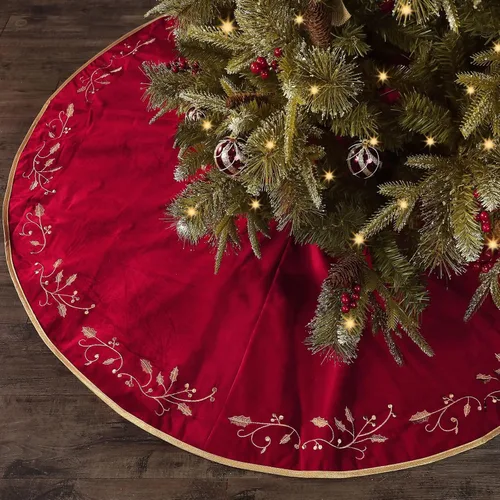 Vista 10 de Bunny Chorus Falda de árbol de Navidad, 24 pulgadas, faldas de piel de felpa de terciopelo rojo de lujo con hoja de acebo bordada dorada para árbol