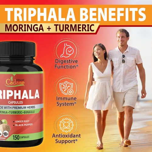 Vista 4 de Organic Cadane Cápsulas de extracto de Triphala, suministro de 5 meses con cúrcuma, guggulu, jengibre, pimienta negra, moringa - Apoya la digestión