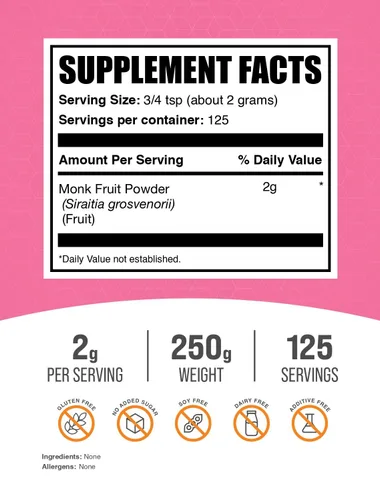 Vista 2 de BulkSupplements.com Polvo de fruta del monje - Edulcorante de fruta de monje, sustituto del azúcar para hornear - Puro y sin gluten, 2g por porción