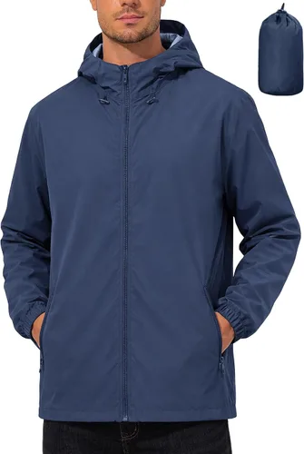 Vista 8 de UIQUR Chaqueta impermeable para hombre, ligera, rompevientos, impermeable, ciclismo, correr, senderismo, equipamiento con capucha plegable