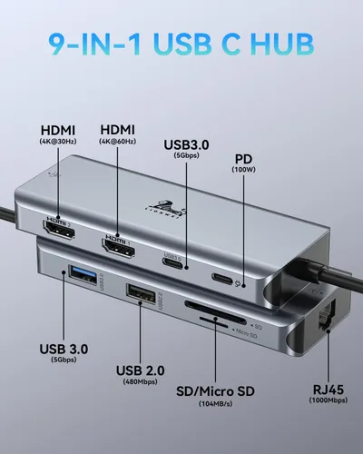 Vista 7 de LIONWEI Estación de acoplamiento para laptop 9 en 1, HDMI dual, 100 W PD, USB C 3.0, Ethernet, audio/micrófono, concentrador USB C para portátiles