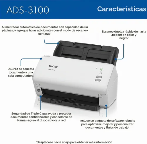 Vista 2 de Brother ADS-3100 - Escáner de escritorio de alta velocidad Compacto con velocidades de escaneo de hasta 40 ppm, blanco Escaneo de documentos