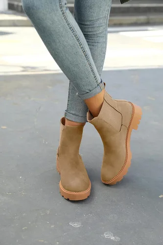 Vista 3 de Coutgo Botas Chelsea con plataforma gruesa y de tacón bajo para mujer, botas de tobillo elásticas de gamuza