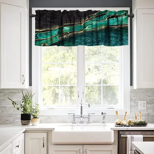 Vista 4 de Cortina de cenefa de mármol verde con venas doradas de mármol negro, diseño abstracto de lujo, elegante cenefa con bolsillo para barra, 1 panel
