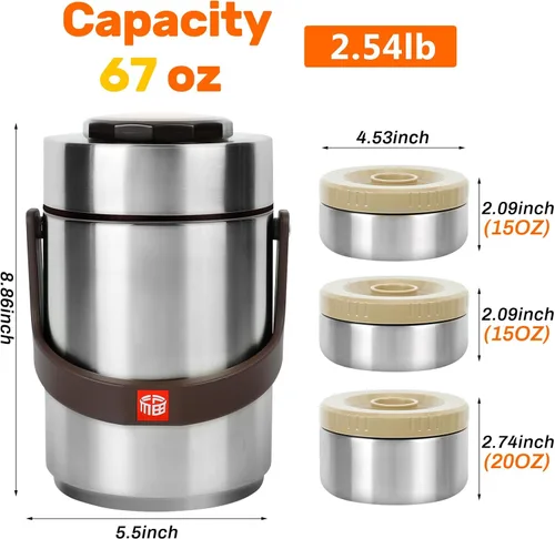 Vista 7 de Termo de 3 capas para alimentos calientes y sopa de 67 onzas con bolsa de almuerzo Sealed Stackable Stainless Steel Insulated Bento Box, Ideal for