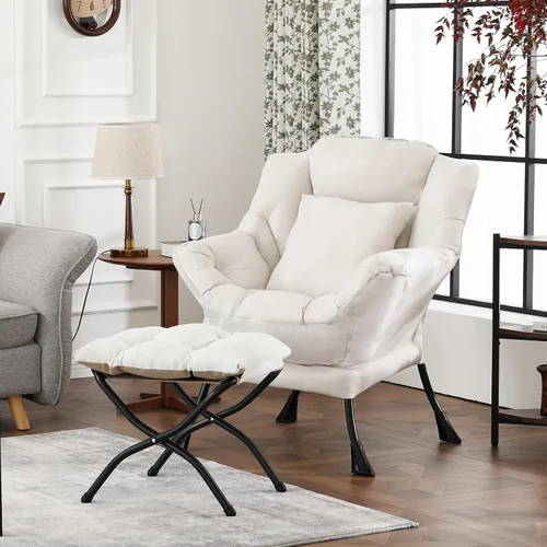 Vista 2 de Silla Lazy con otomana, cómoda silla de lectura para dormitorio Melocotón Beige-1