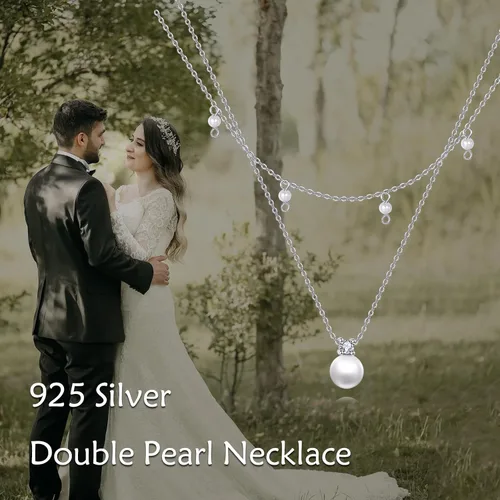 Vista 2 de POPLYKE Collar de perlas de agua dulce de plata de ley con capas para mujeres y niñas
