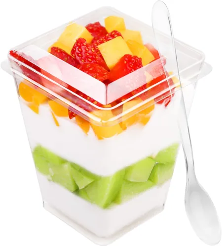 Vista 8 de Paquete de 100 Vasos de Postre de Plástico de 5 oz con Tapas y Cucharas, Vasos de Parfait de Yogur y Aperitivos para Fiestas, Mini Vasos de Postre
