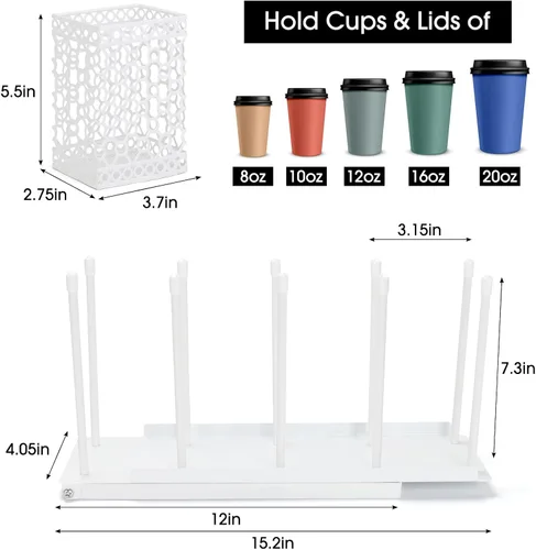 Vista 2 de ShineMe Soporte para taza de café para encimera, dispensador de tazas de metal ajustable y tapa con organizador de pajita, organizador de 4