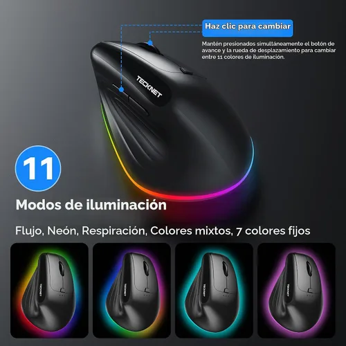 Vista 3 de TECKNET Ratón ergonómico RGB Bluetooth recargable inalámbrico Negro